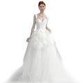 Luxury Royal White Satin Mermaid Ball Gown High Neck Crystal Appliques Elegant Lace Split Wedding Dress with Floral Decorations