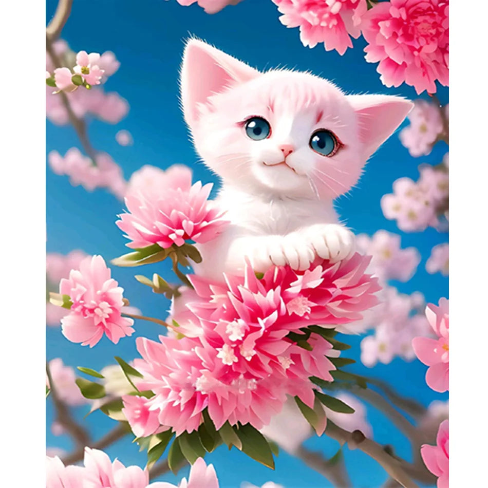Painting by Numbers for Adults Cat and Pink Flowers Picture by Numbers Starter Kits Handwork for Home Wall Art Diy Gift