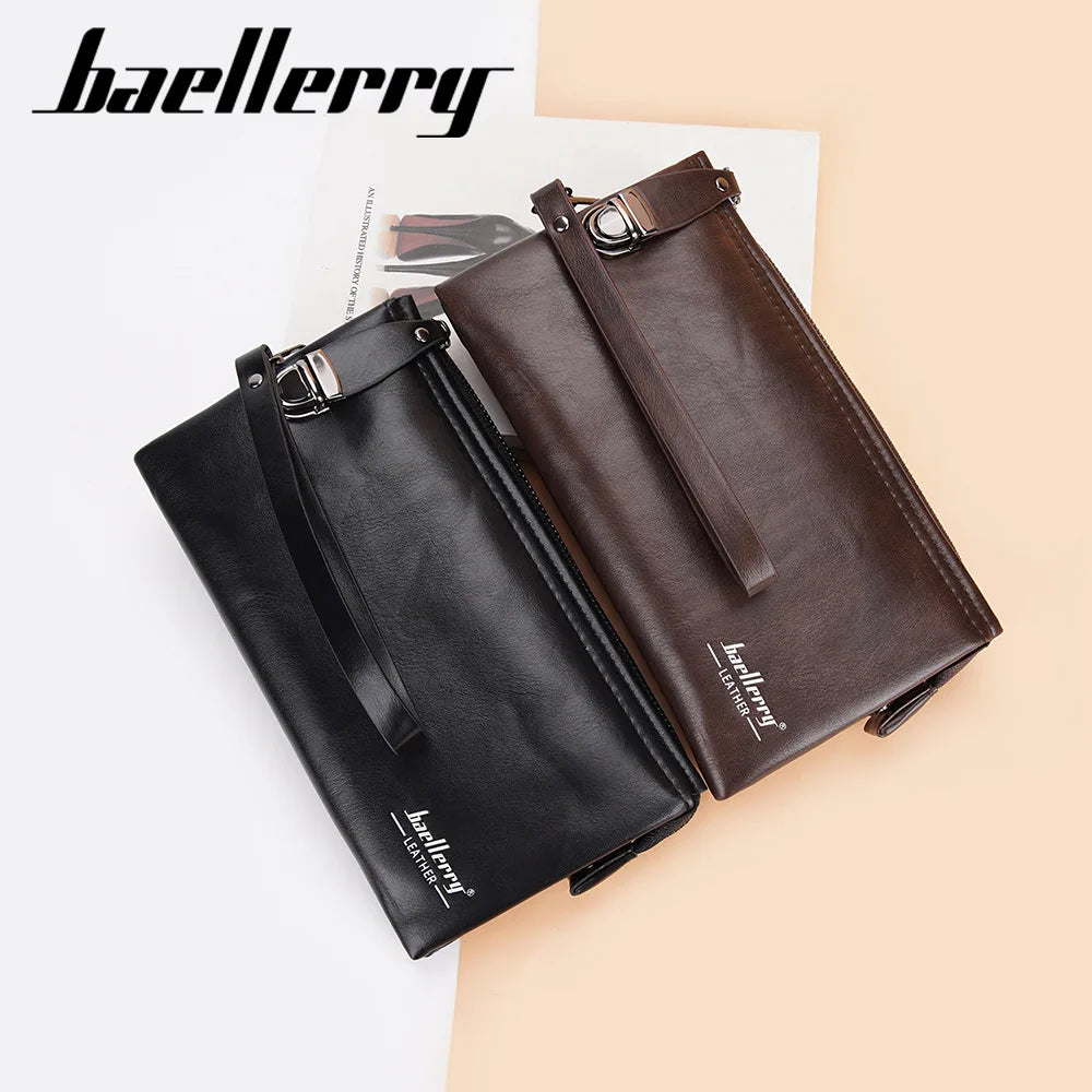 For Retro-Style Men's Large Capacity Waterproof Zipper Handbag Business Clutch with Leather Polyester Lining Long Wallet