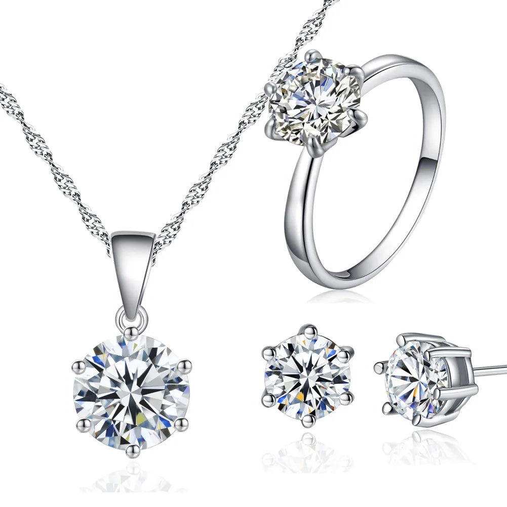 Hot Sale Minimalist Design Copper Plated Platinum Zircon Necklace Earrings Ring Wedding Engagement Bridal Jewelry Set