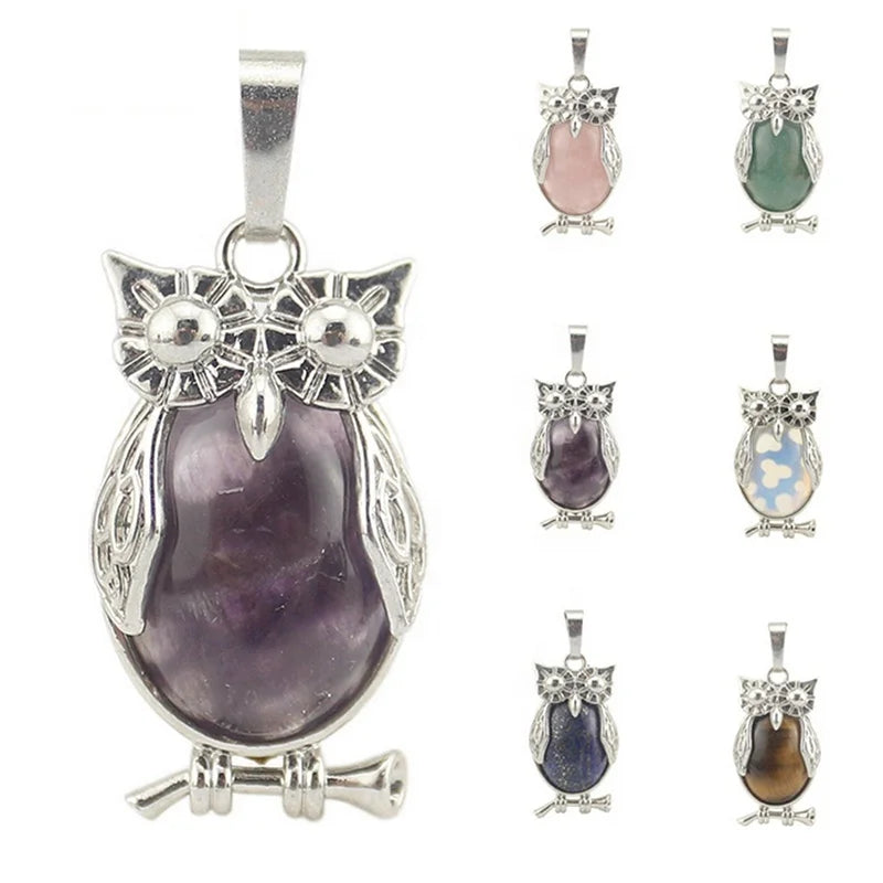 Factory Wholesale Natural Crystal Stone Owl Pendant Necklace Amethyst Rose Quartz Owl Pendant Fashion Gemstone Jewelry