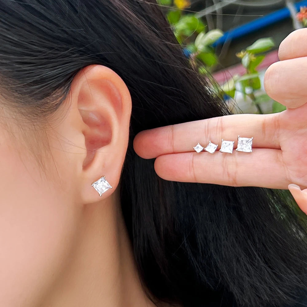 Fashion Diamond Like Cubic Zirconia Princess Cut 925 Sterling Silver Mini Tiny Stud Earrings for Women Girls Children Jewelry