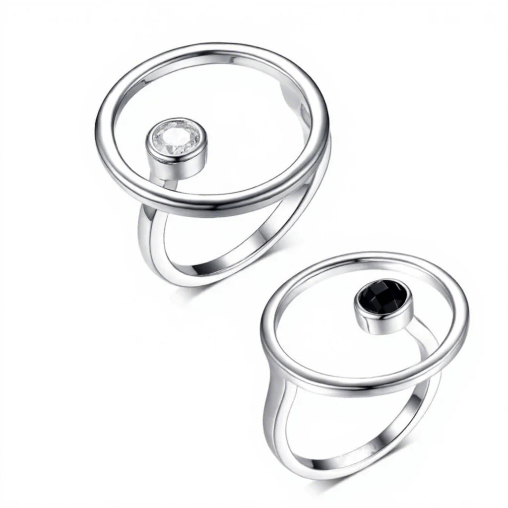 FUAMAY S925 Silver Wedding Ring with Onyx White CZ Round Princess Cut Diamond Minimalist Jewelry for Engagement & Party