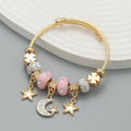 Exquisite Shiny Adjustable Opening 18k Gold Plated Stainless Steel Moon Star Crystal Rhinestone Beaded Charm Bracelet for Women