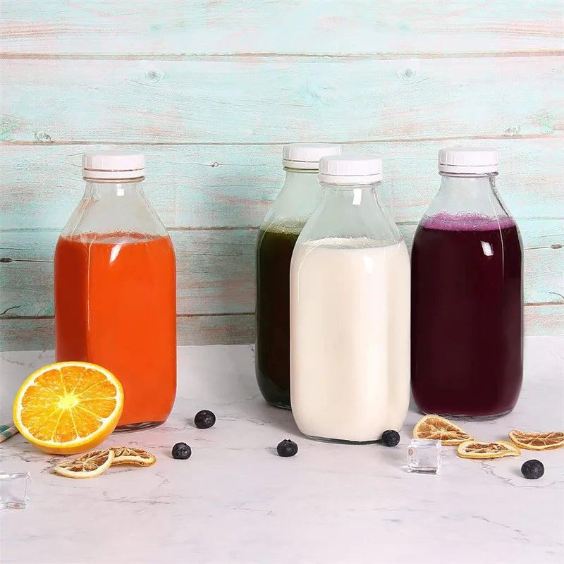 Square Glass Bottle for Milk Fruit Juice Tea With Plastic Pilfer-proof Screw Lid Custom Printing Logo 100ml 300ml 500ml 1000ml
