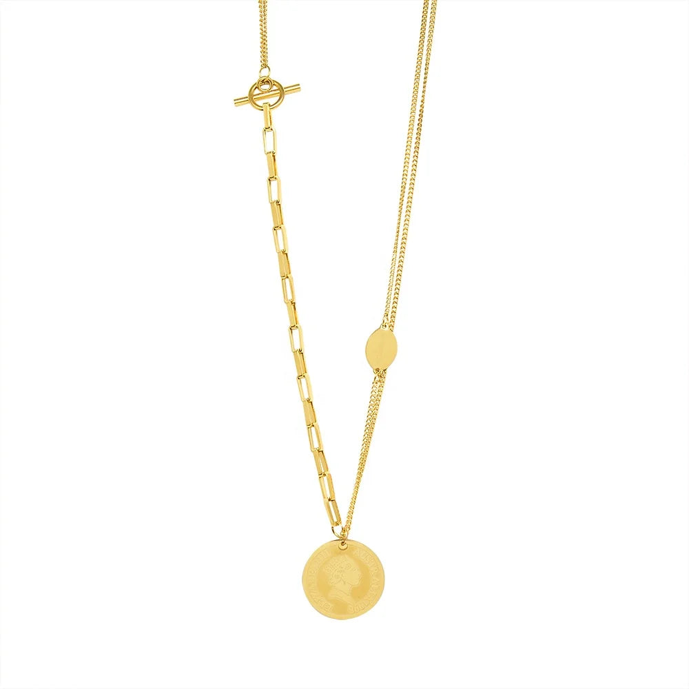 Fashionable Simple Cold Style Geometric Stainless Steel Round Plate Double Layer Stacked Style Design OT Buckle Necklace