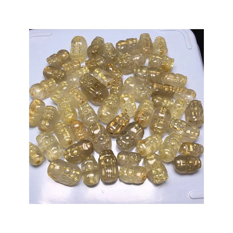 Feng Shui Good Luck Loose Gemstone Gold Rutilated Quartz Pixiu Cabochons for Bracelets
