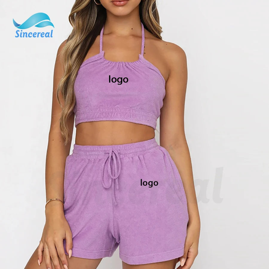 Custom Summer New Arrival Fitness Active Wear Women Matching Terry Towel tank Crop Top and Shorts Sets