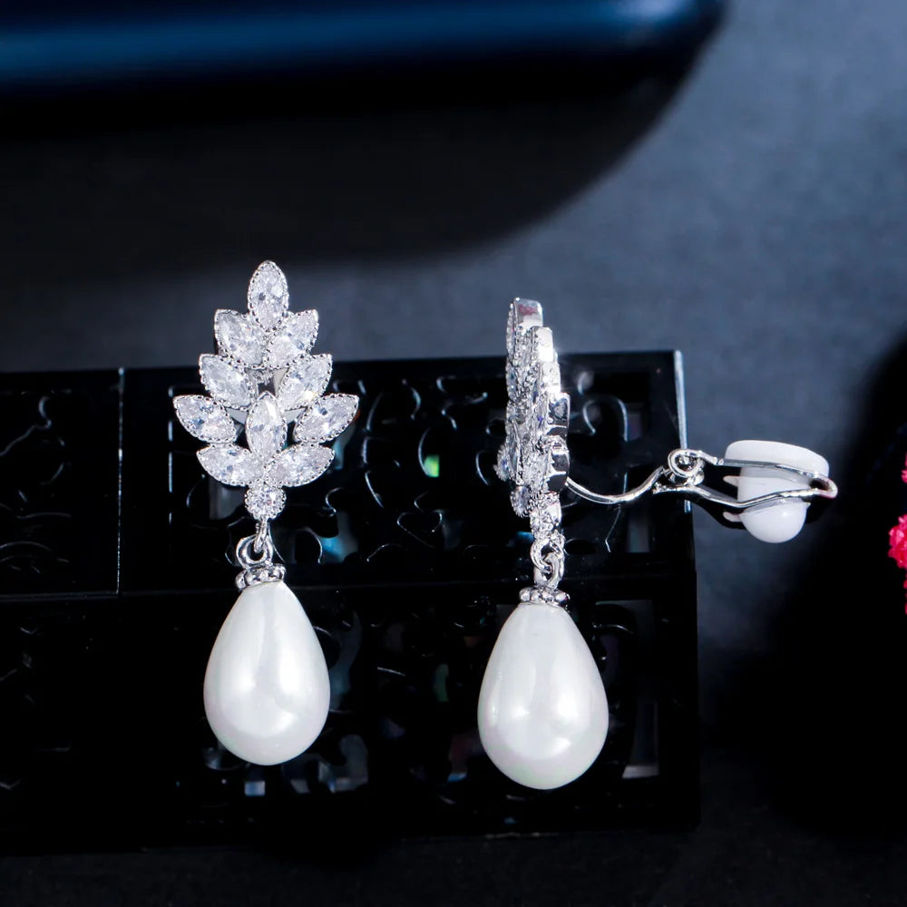 Exquisite Zircon Leaf Bridal Water Drop Pearl Dangle No Piercing Clip on Earrings Women Wedding No Hole Pierced Ear Jewelry Gift