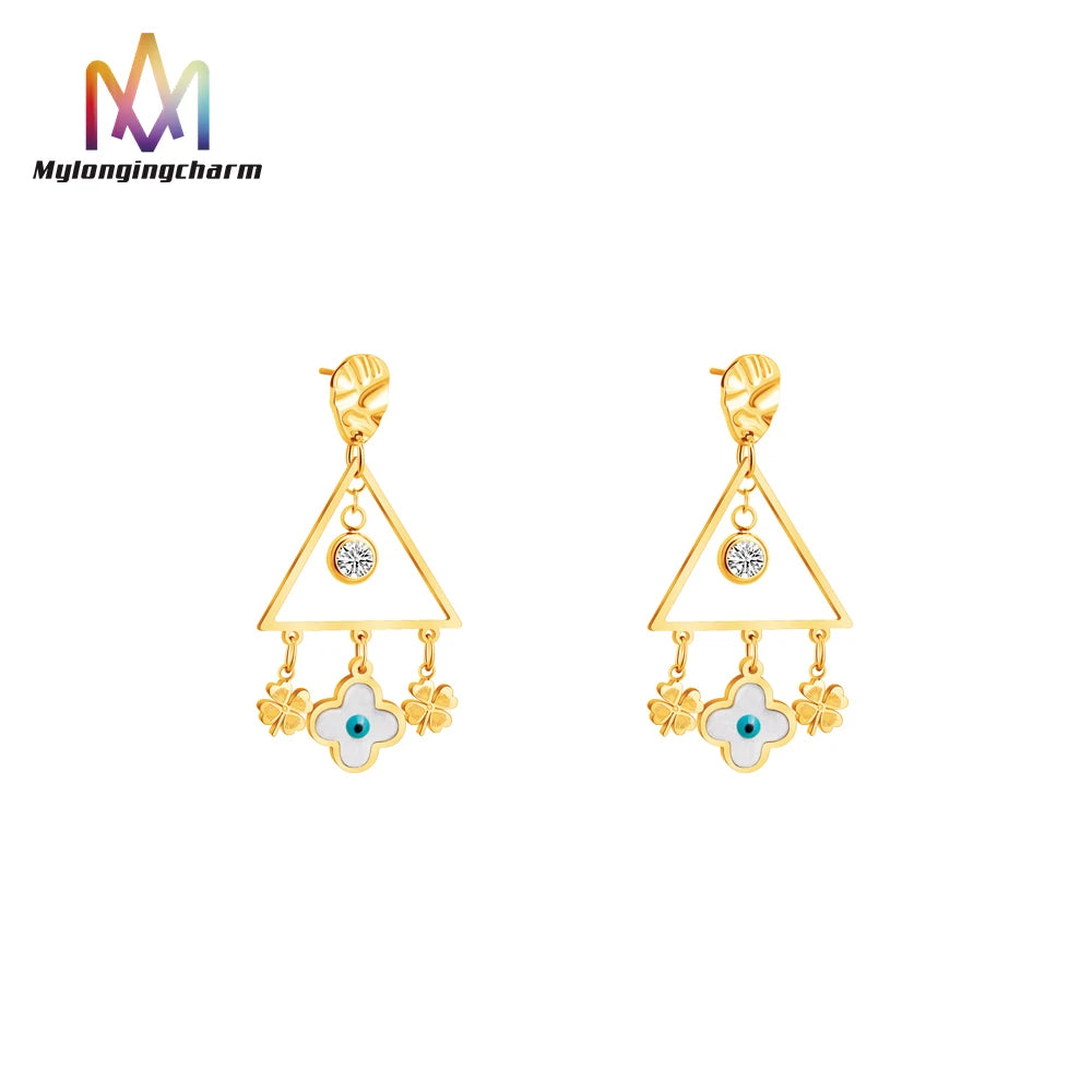 18K Gold Plated Dainty Devil Four-Leaf Clover Pendant and Trendy Evil Eyes Hoop Earrings Stainless Steel Floral Pattern Jewelry