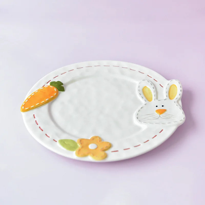 Relief Cute Rabbit Ceramic Plate European Hand-painted Dessert Breakfast Plate