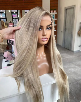 180% High Density Cuticle Aligned European Human Hair Platinum Blonde Silk Straight Transparent Lace Front Wig for White Women