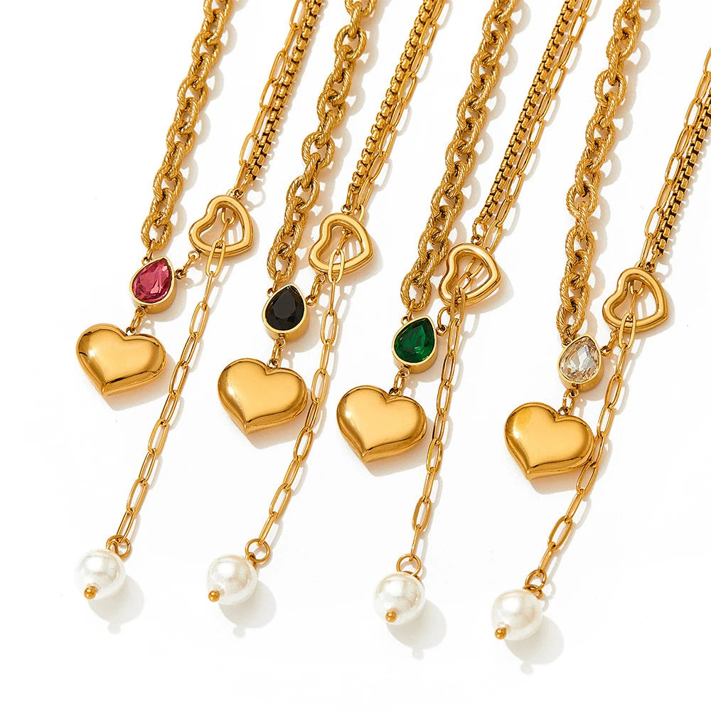 18k Gold Plated Stainless Steel Classic Link Chain Heart Pendant Necklace with Green Black White Red Zircon Fashion Jewelry