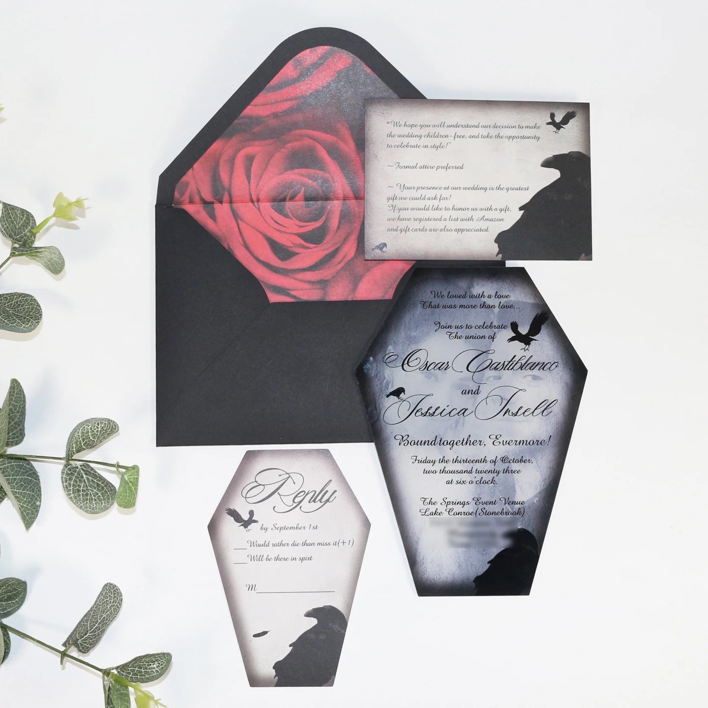 Custom Printed Clear Acrylic Wedding Bride Invitations RSVP Card with Gold Foil Black Envelope Red Floral Liner Printed Paper