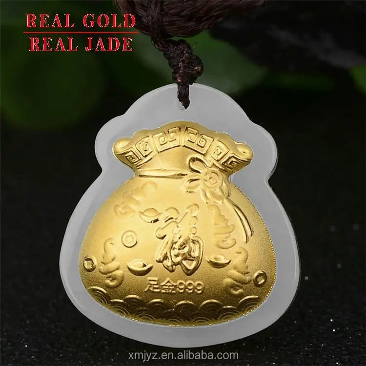 Certified 3D Gold Inlaid 4D Hetian Jade  Pure Gold Money Lucky Bag Pendant  Factory Wholesale