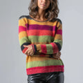 Lightweight Women's Crewneck Sweater Colorful Striped Mohair Knit Pullover Breathable Casual Style for Autumn Winter Front