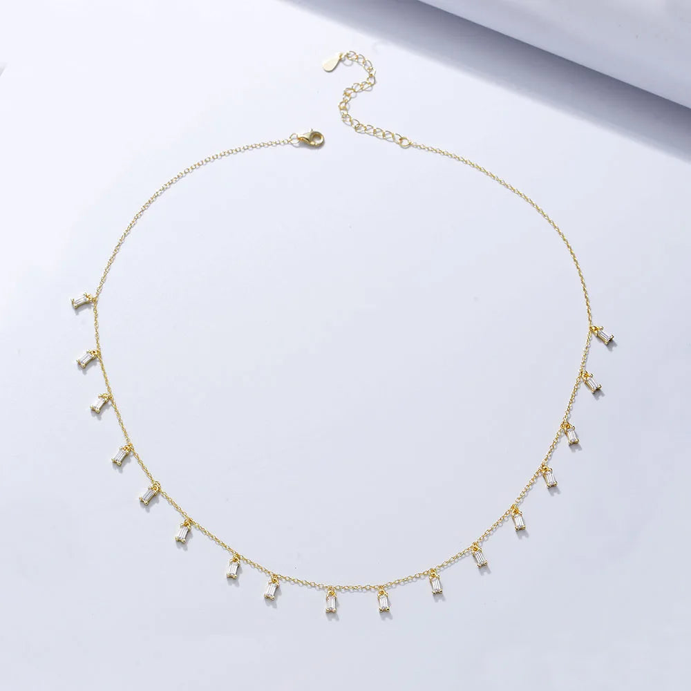 925 Sterling Silver Unique Gold Plated Shining Rectangle Cubic Zirconia Link Chain Choker Necklaces for Wedding and Gift