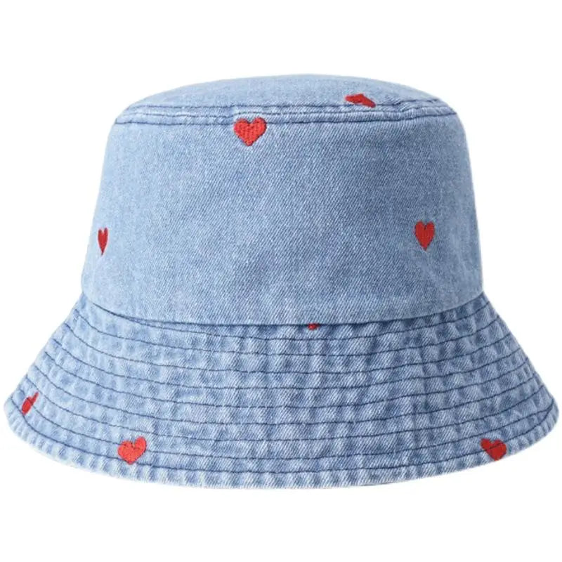 2023 Denim Bucket Hat with Heart Embroidery Women Cute Wide Brim Sun Protection Hat for Girls Beach Travel