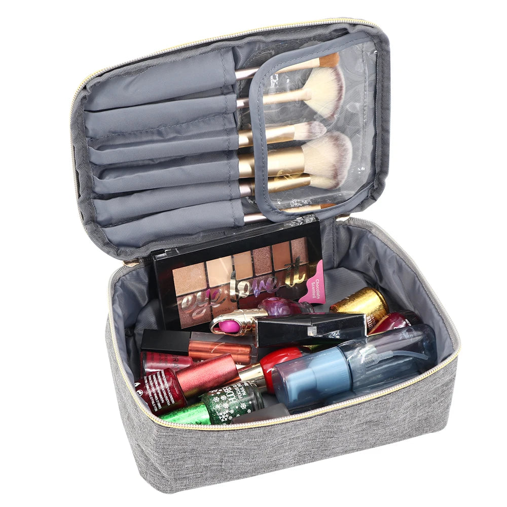 Custom Portable Cosmetic Brushes Case Bag with Golden Zipper Cation Polyester  Toiletry Make up Organizer Storage Case