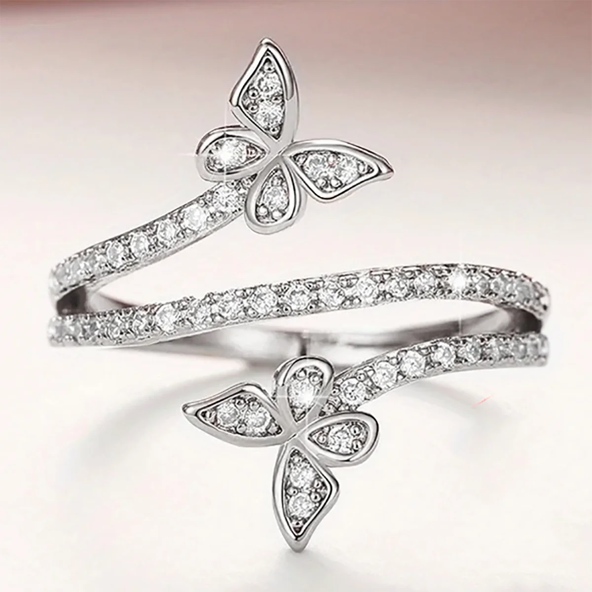 Huitan S925 Luxury Butterfly Design Three Layers Full Paved Simulated Moissanite Finger Rings Sterling Silver for Women Wedding