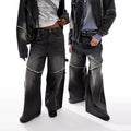 Oversized Streetwear Washed Black Casual Frayed Denim Trousers Unisex Flared Jeans Exposed Seam Wide Leg Jeans Baggy