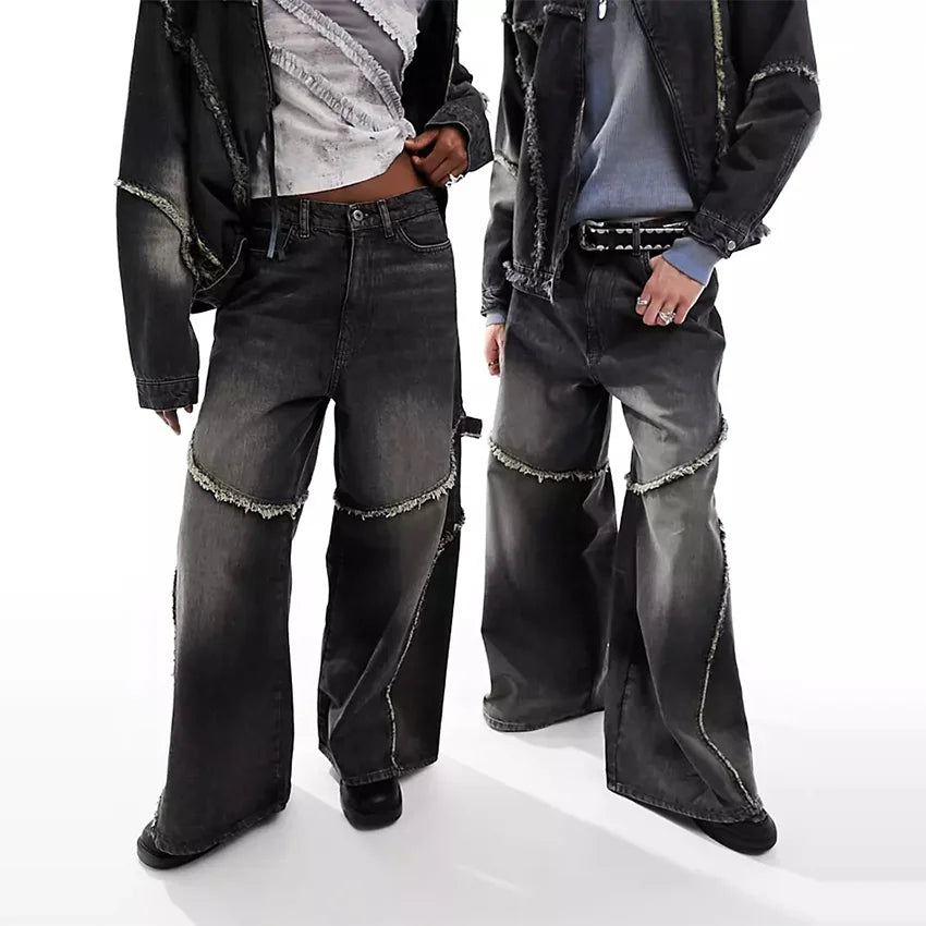 Oversized Streetwear Washed Black Casual Frayed Denim Trousers Unisex Flared Jeans Exposed Seam Wide Leg Jeans Baggy