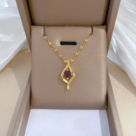 Trendy Luxury Titanium Steel Purple Crystal Diamond Pendant Necklace Charm for Women Wedding Engagement Jewelry