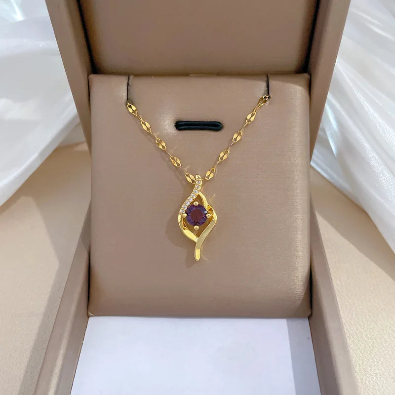 Trendy Luxury Titanium Steel Purple Crystal Diamond Pendant Necklace Charm for Women Wedding Engagement Jewelry