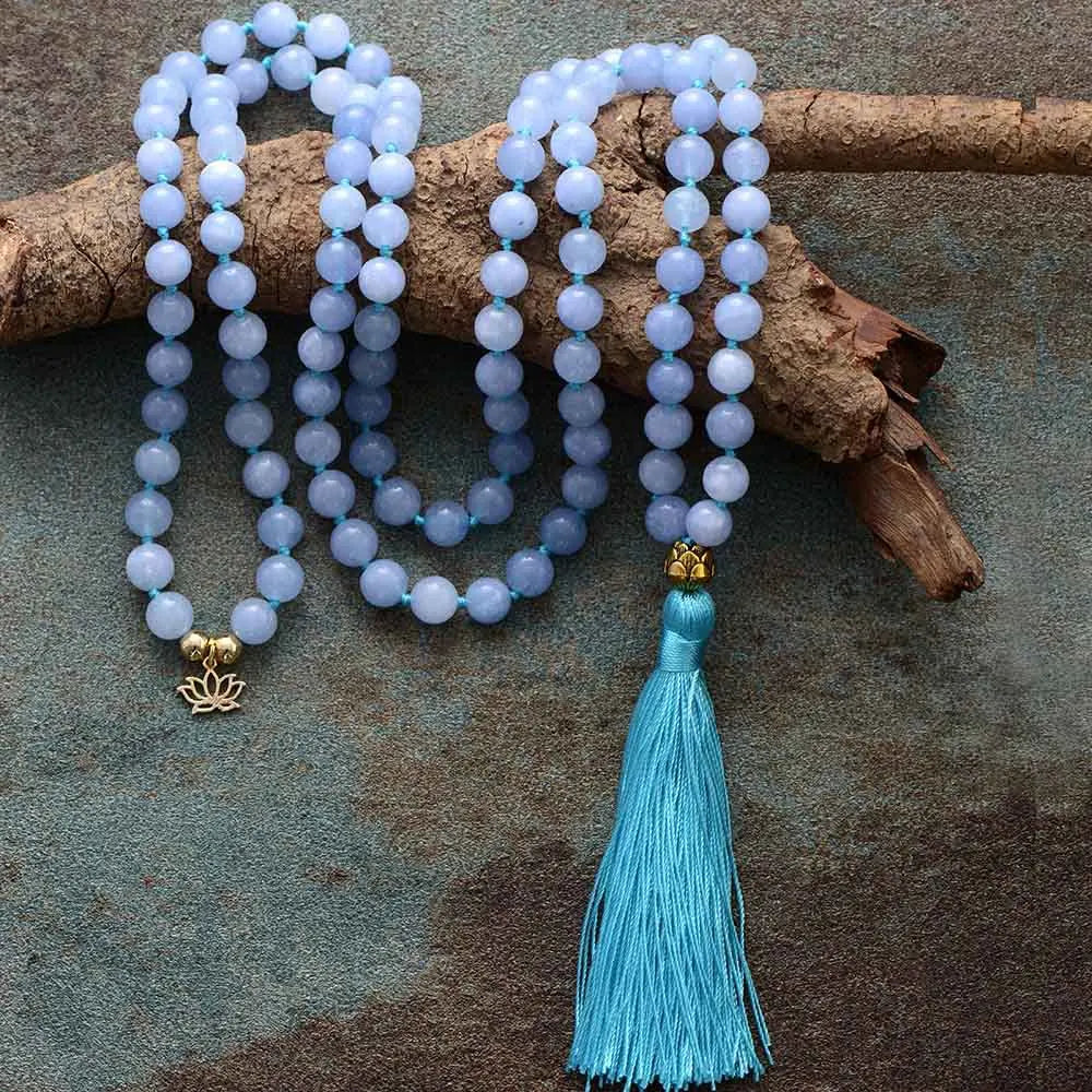 Natural Aquamarine Healing Stone 108 Mala Necklace for Men Women Rosary Beaded Tassel Pendent Necklace Bracelet Set Wholesale