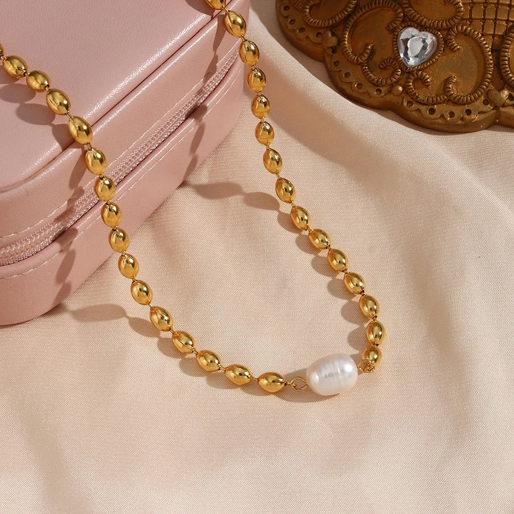 Dreamshow Non Tarnish Stainless Steel Pearl and Gold Chain Necklace Jewelry 18K Pvd Gold Plated Bead Chain Necklace