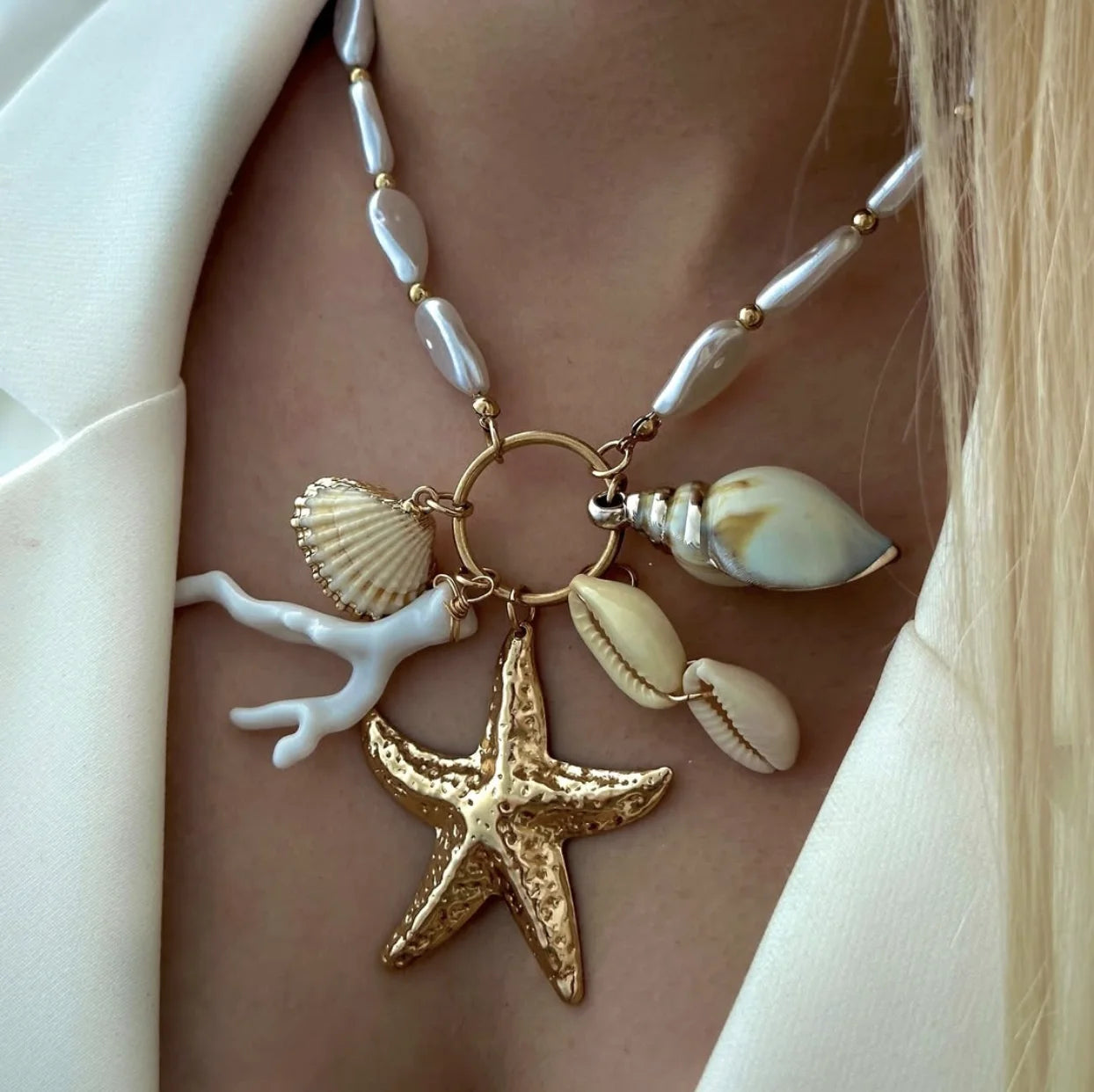 Bohemian Beach Shell Conch Sunflower Necklace Imitation Pearl Starfish Conch Pendant