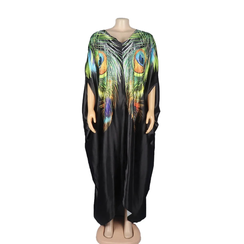 New Design Women's Mix African Print Dress Rayon Kitenge Traditional Dress with Rhinestone Hot Drill for Parties and Festivals