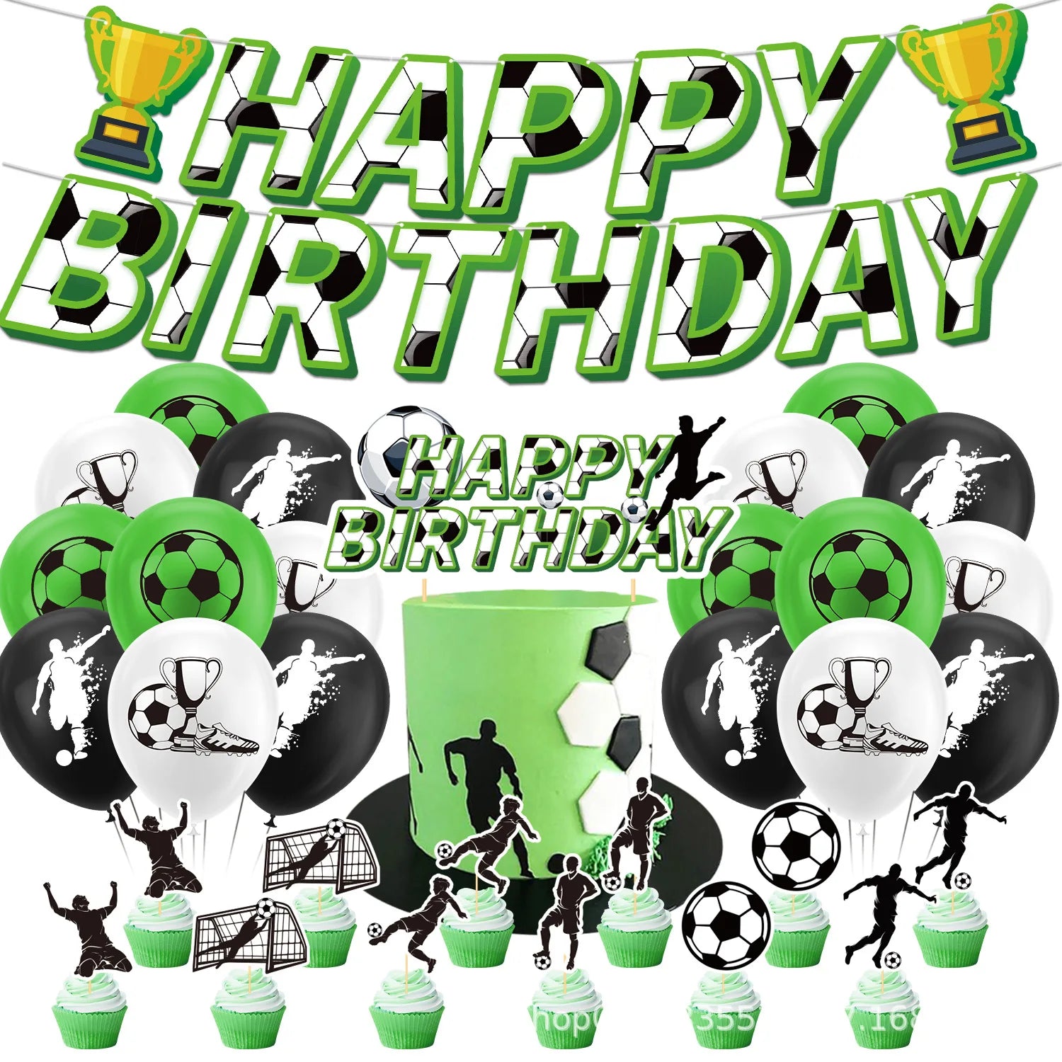 Football Party Supplies Green Pulling Flag Football Soccer Team Cake Topper Happy Birthday Banner Balloon Set