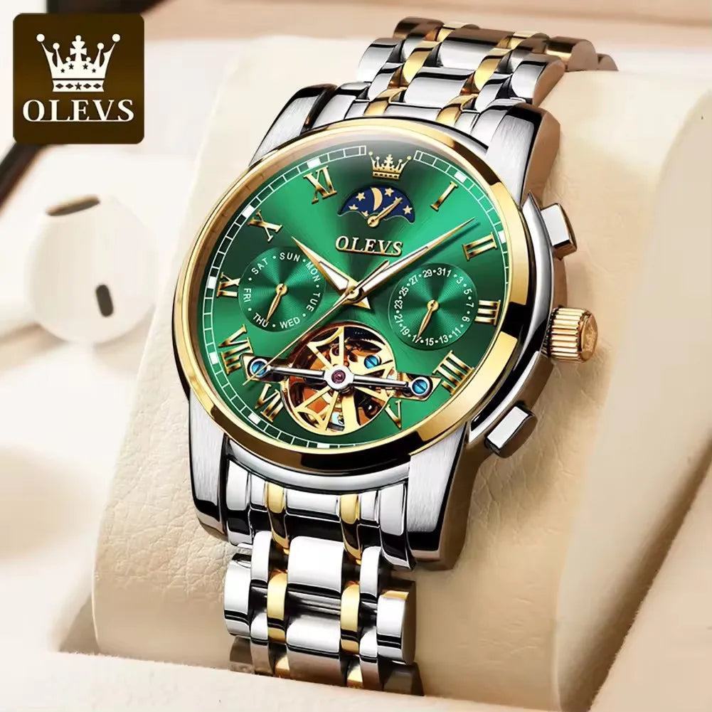 OLEVS Automatic Mechanical 6617 Men Watch Tourbillon Moon Phase Stainless Steel Business Luminous Waterproof Date Wrist Watch