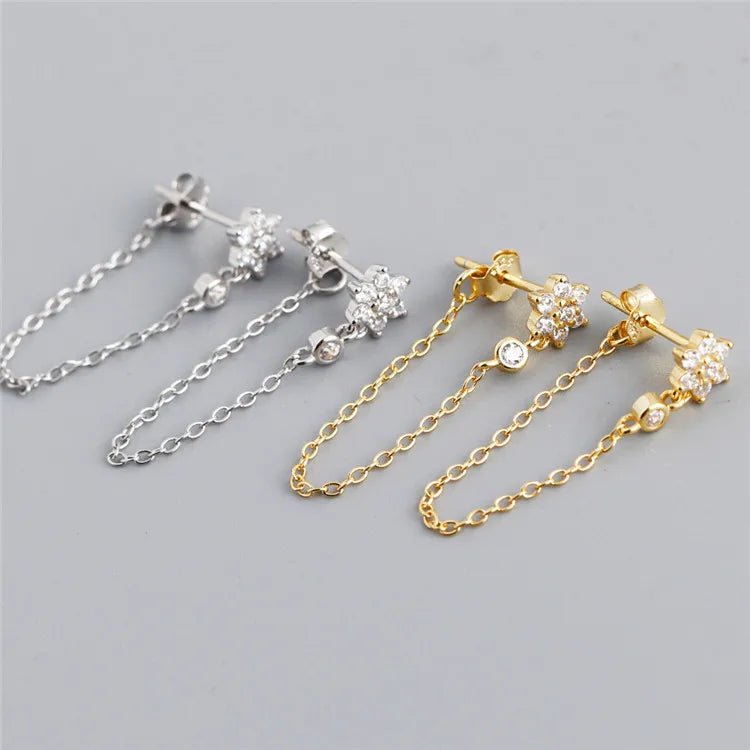 SP Shiny Zircon Flower Studs 925 Sterling Silver Long Tassel Link Chain Earrings for Women