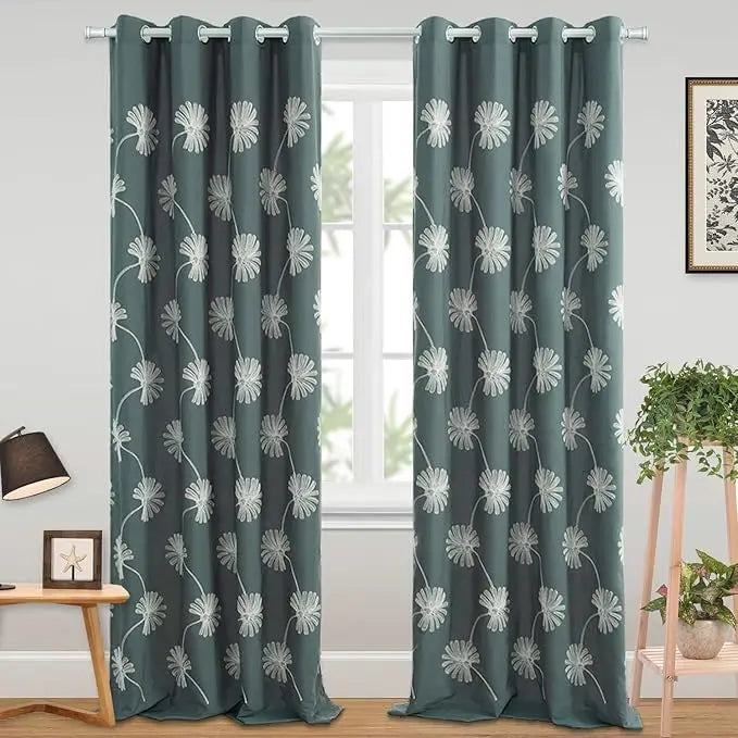 Floral Pattern Embroidered Elegant Faux Linen Grommet Curtains