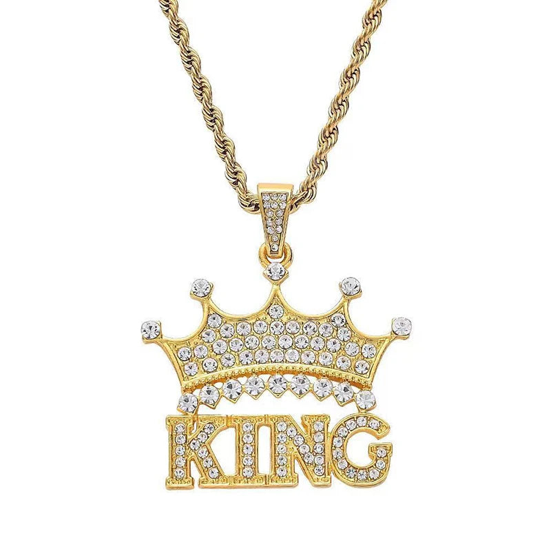 RisingMoon Collar Silver Gold Colors Alloy King Crown Pendant Pave Diamond Gold Crown Hips Hops Necklace