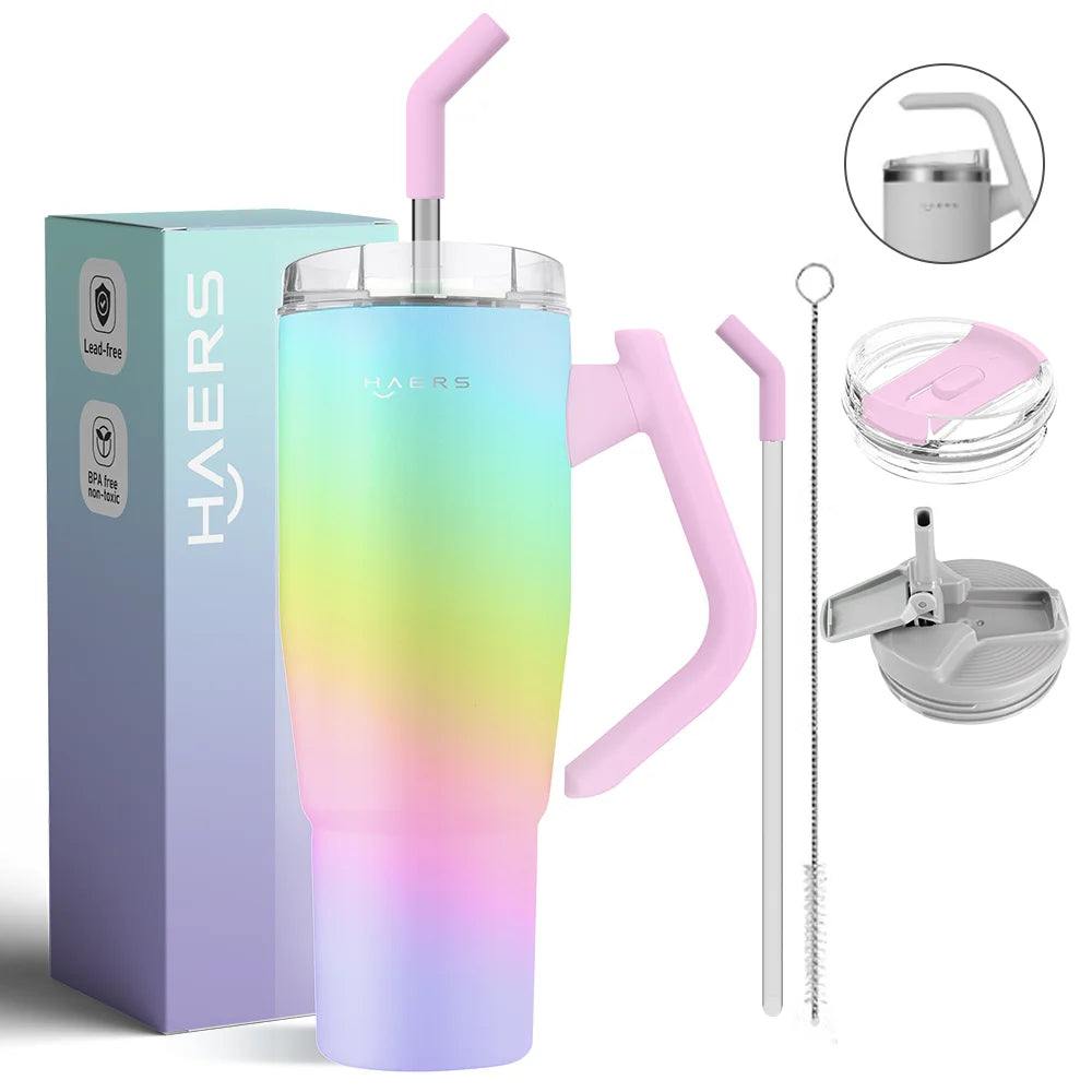 Custom Tumbler with Handle 30oz 40 oz Tumblers Stainless Steel Insulated Coffee Cup with Screw Lid and Straw