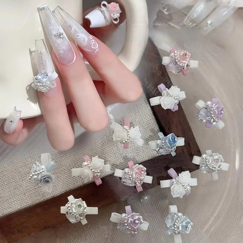 Paso Sico Wholesale 3D Drill Nail Art Jewelry French Bow Hand Pile Alloy Luxury Nail Art Charms 3D Pearl Rose Camellia Jewelry
