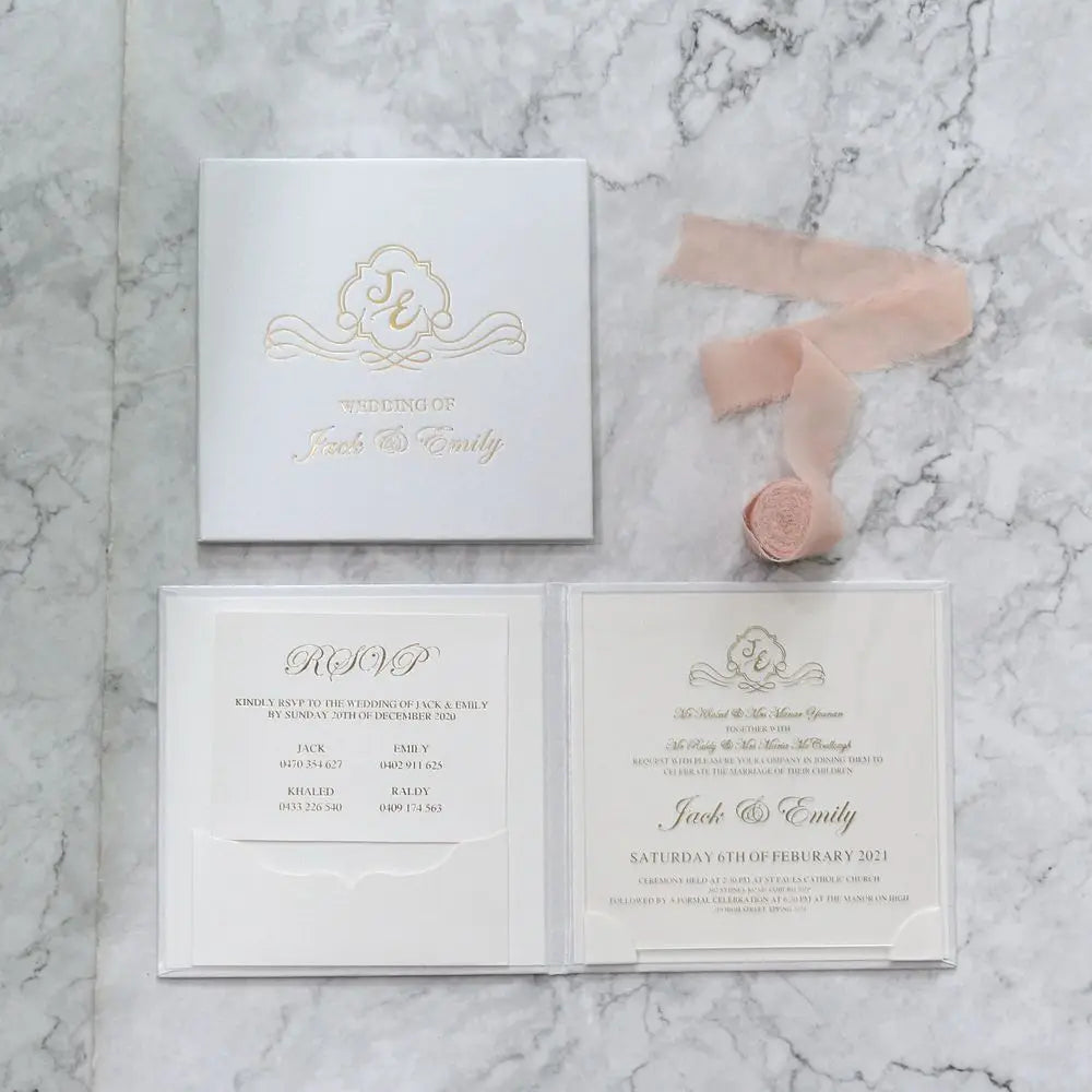 Foil Monogram Initial Booklet Invitation Cover with Clear Acrylic Wedding Invites Inside the Pocket for Engagement Wedding