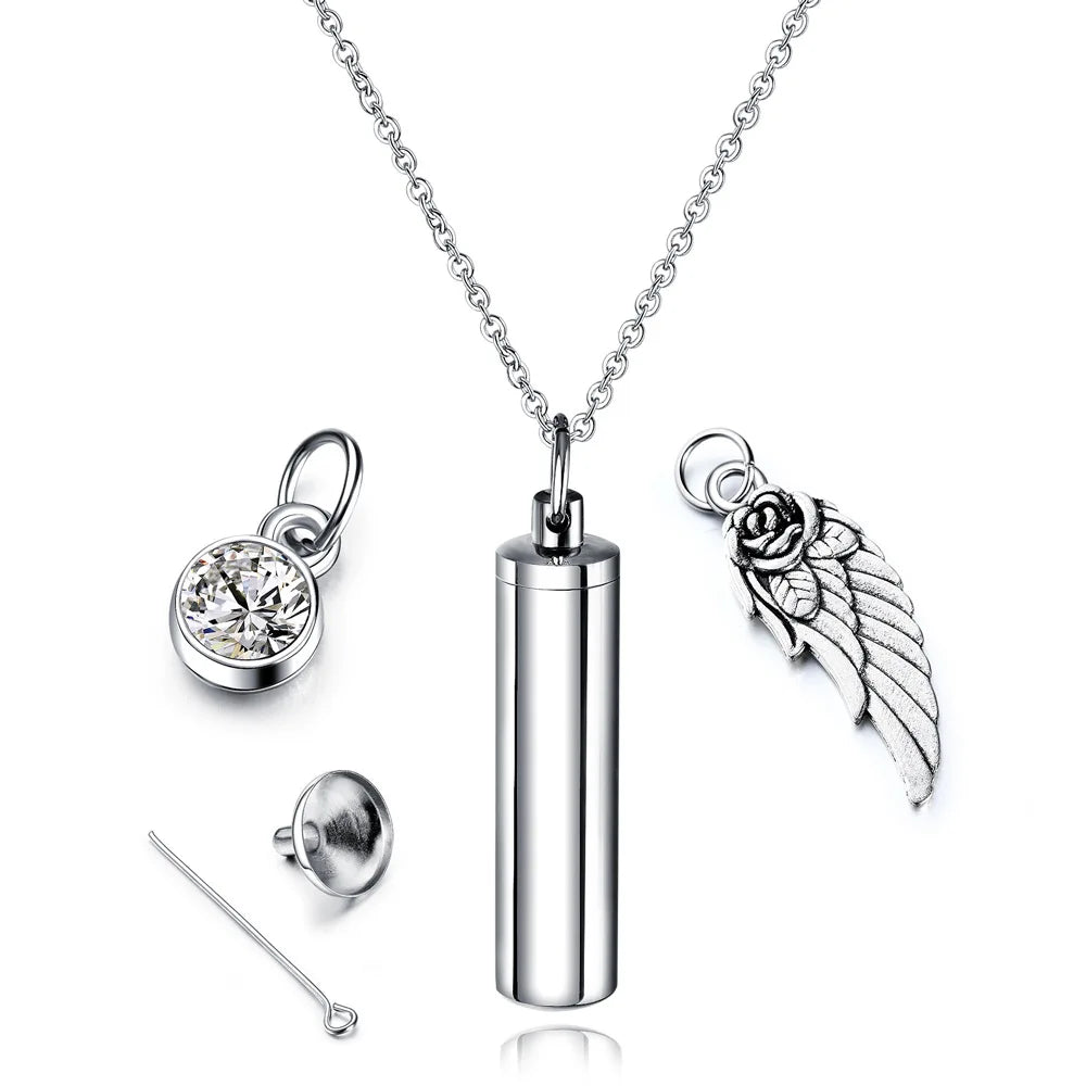 Customization Logo Stainless Steel Cremation Urn Jewelry Link Wings Design Ashes Pill Filler Kit Capsule Pendant Necklace Unisex