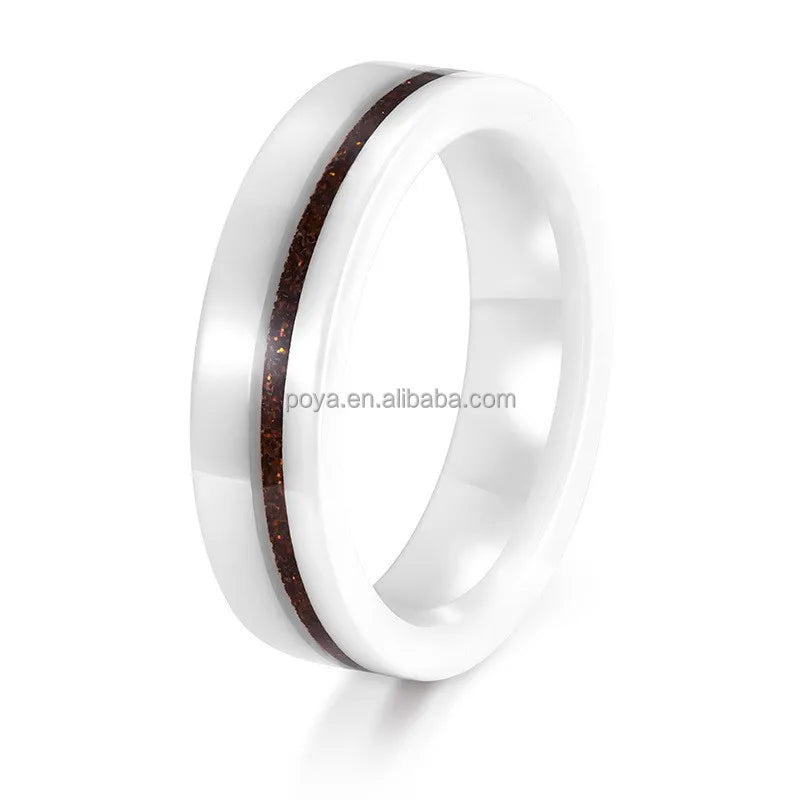 POYA 6mm White Flat Ceramic Galaxy Sandstone Wood Inlay Ring Trendy Wedding Engagement Party Anniversary Gift for Men Women