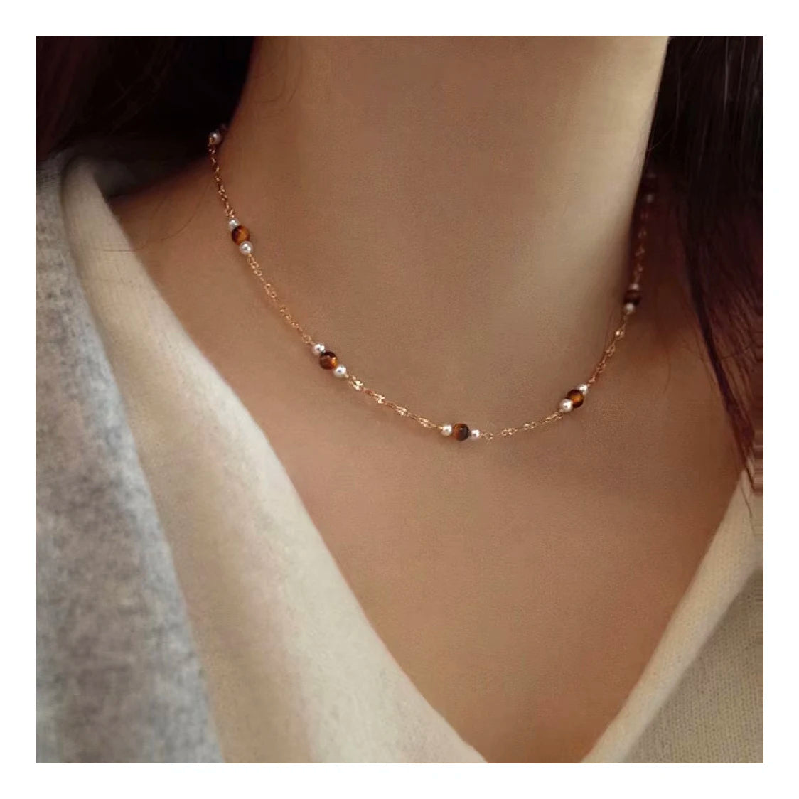 2024 Autumn Winter Necklace Tiger Eye Stone Natural Freshwater Pearl Full Star Fashion Retro Light Luxury