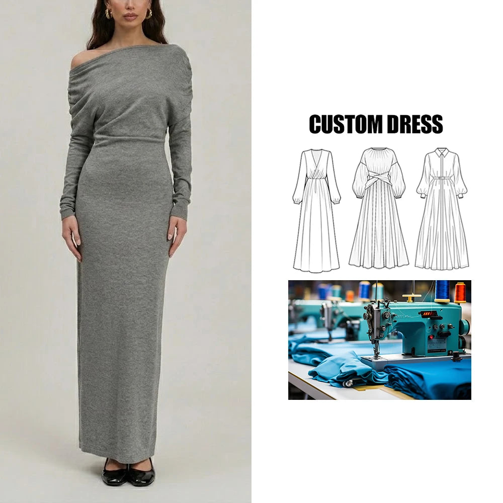 Women's Elegant Casual Muslim Fashion Maxi Long Dresses Slant Collar Dropped Shoulders Customizable Brand Pure Solid Natural