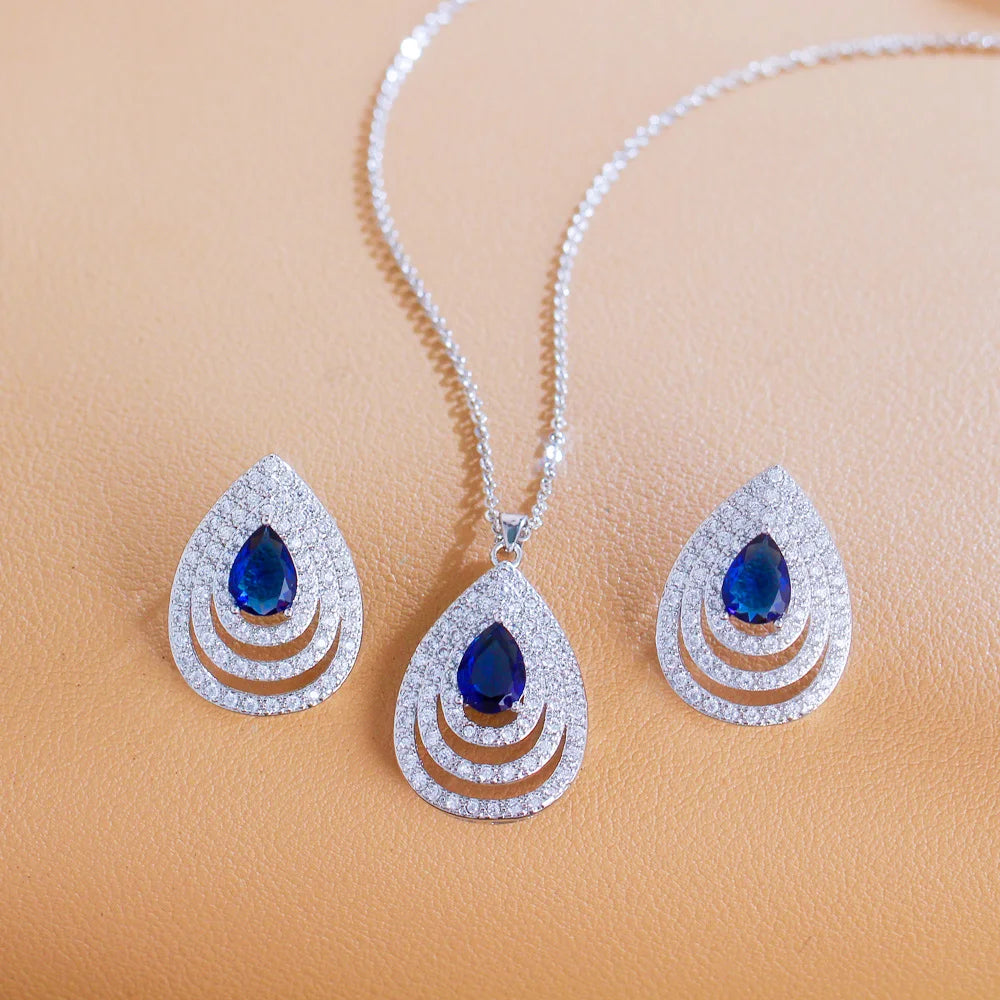 Elegant Earrings and Necklace Ladies Blue Cubic Zirconia Stone Teardrop Fashion Party Jewelry Set for Girls Women Daily Wear