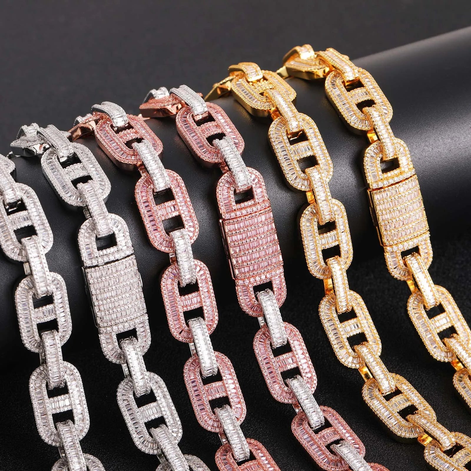 High Quality Hip Hop Jewelry Chunky 15mm Thick Heavy Two Tone Coffee Bean Necklace Chain with Diamond Pig Nose Pendant Necklace