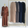 Wholesale Modest Satin Dresses Women Plain Abaya Set Clothing Muslim Abaya Robes for Women 3pcs Set Pockets Elegant Open Abaya