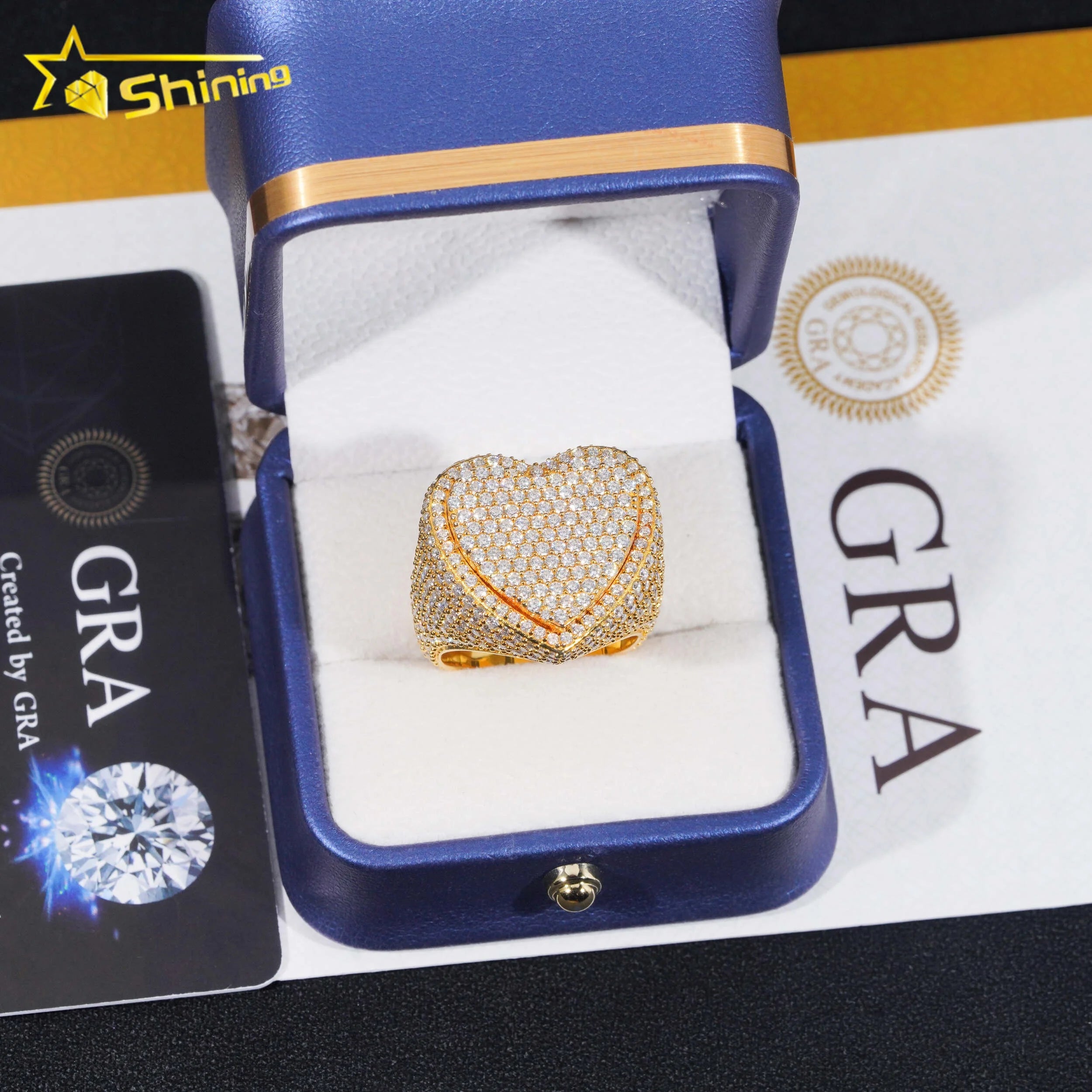 Hip Hop Fine Jewelry Two Layers Heart Style Iced Out 18k Gold Plated 925 Silver Moissanite Rings for Men