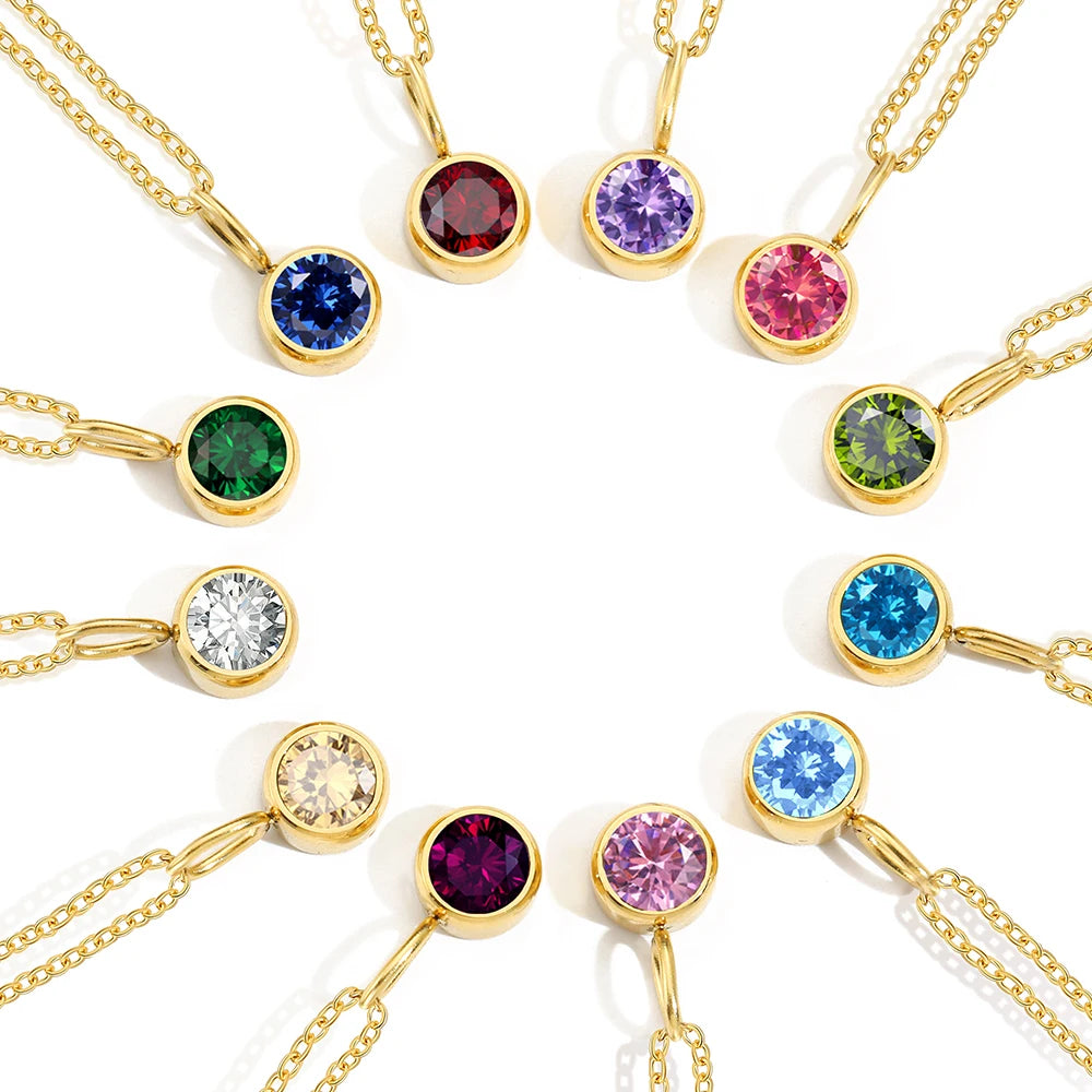 EManco DIY New 12 Colors Birthstone Necklace Stainless Steel Pendant Necklace Anniversary Birthday Gift