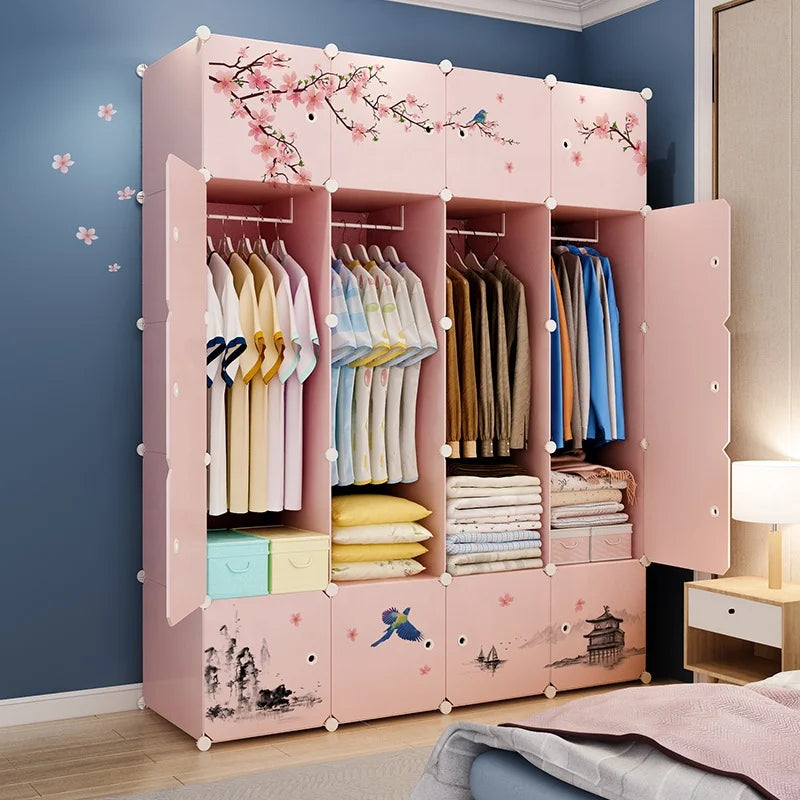 Modern Pink Plastic 20-Cube Multipurpose Cabinet Drawer Almirah Wardrobe Foldable Lockable Living Room Workshop Dining Use